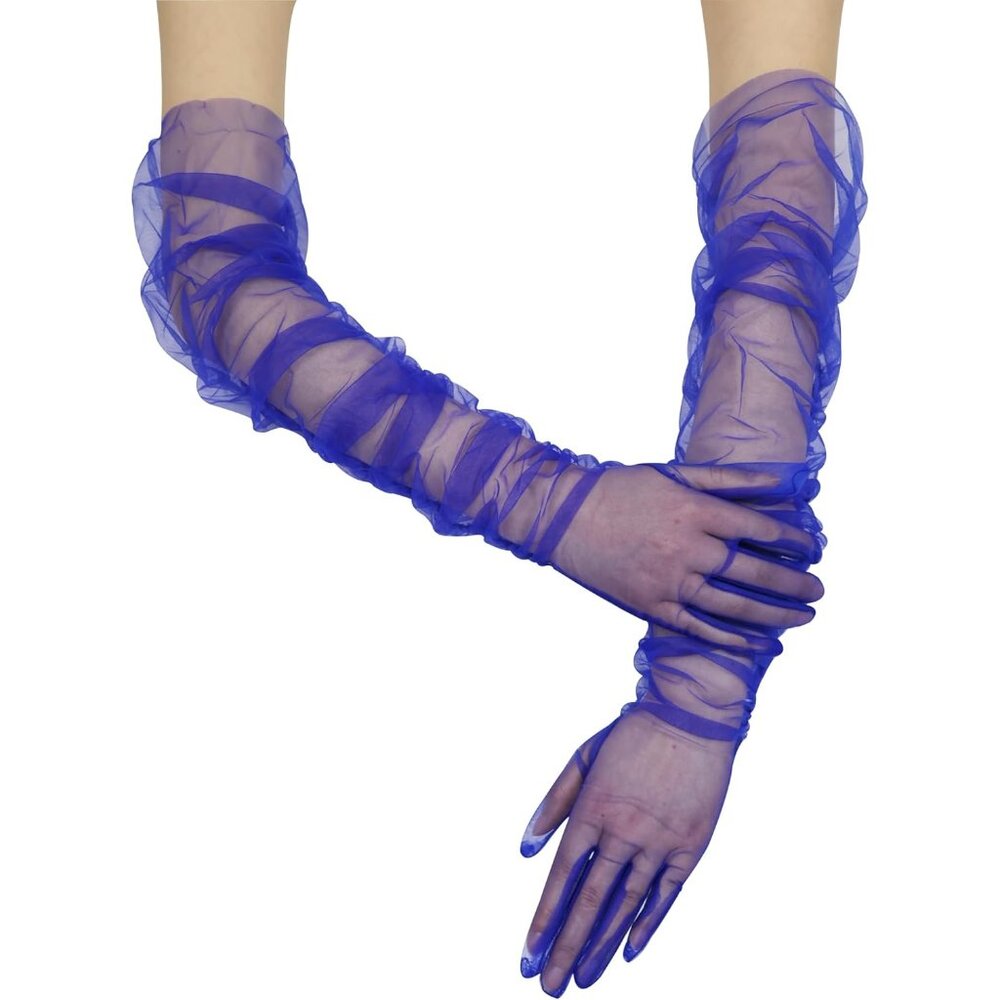 Women's Royal Blue Sheer Tulle Long Mesh Pleated Sleeve Gloves Party Accessories